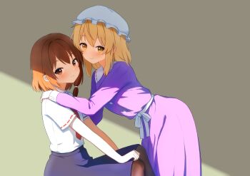Rule 34 | 2girls, absurdres, black skirt, blonde hair, blush, brown eyes, brown hair, brown pantyhose, buttons, chinese commentary, closed mouth, collared dress, collared shirt, commentary, contrast collar, dress, hair tie, hand on another's shoulder, hand on own knee, hat, highres, long sleeves, looking at viewer, maribel hearn, medium hair, mob cap, multiple girls, necktie, no headwear, pantyhose, purple dress, red necktie, ribbon-trimmed collar, ribbon-trimmed sleeves, ribbon trim, sash, shiro (user 1048334293), shirt, shirt tucked in, short sleeves, skirt, smile, touhou, usami renko, white hat, white sash, white shirt, yellow eyes