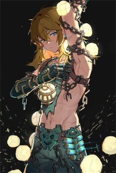 1boy blonde_hair blue_eyes chain chinese_commentary closed_mouth commentary earrings hair_between_eyes jewelry leopardtiger link long_hair male_focus nintendo no_shirt pointy_ears prosthesis prosthetic_arm scar sidelocks simple_background solo the_legend_of_zelda the_legend_of_zelda:_breath_of_the_wild the_legend_of_zelda:_tears_of_the_kingdom topless_male