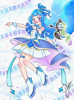 2girls aokaze_nana bare_shoulders black_dress blue_hair blush boots cure_wink detached_collar dress gen_5_pokemon green_eyes hair_ornament hairpin headset kimi_to_idol_precure legendary_pokemon looking_at_another looking_at_viewer mel-chan meloetta multiple_girls musical_note musical_staff mythical_pokemon nintendo open_mouth piano_print plaid_clothes pokemon pokemon_(creature) precure purple_eyes smile strapless strapless_dress thigh_strap white_boots wrist_cuffs