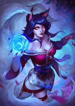 1girl absurdres ahri_(league_of_legends) animal_ears bare_shoulders black_hair braid braided_ponytail breasts cleavage commentary english_commentary facial_mark fox_ears fox_girl fox_tail highres holding holding_orb kitsune korean_clothes kyuubi large_breasts league_of_legends long_hair looking_at_viewer multiple_tails orb solo tail tofusenshiart whisker_markings yellow_eyes
