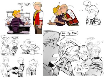 ...! 3girls 4boys aged_up annoyed beanie blonde_hair brother_and_sister charlie_brown dog_sees_god dubu274611 forced_kiss glasses grabbing_another's_head hat highres instrument kiss kissing_forehead linus_van_pelt marcie_(peanuts) multiple_boys multiple_girls peanuts_(comic) peppermint_patty piano pig-pen sally_brown schroeder_(peanuts) shirt short_hair siblings sitting smile striped_clothes striped_shirt yaoi