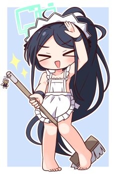 Rule 34 | > <, 1girl, :d, absurdres, ahoge, apron, aris (blue archive), aris (maid) (blue archive), arm up, barefoot, black hair, blue archive, blue background, blush, border, broom, closed eyes, collarbone, commentary request, facing viewer, full body, green halo, halo, hana kazari, highres, holding, holding broom, long hair, maid headdress, naked apron, open mouth, outline, outside border, parted bangs, rectangular halo, simple background, smile, solo, sparkle, standing, very long hair, white apron, white border, white outline, xd