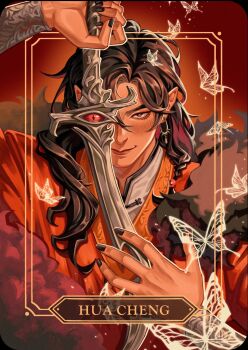 Rule 34 | 1boy, animal print, beads, black hair, border, bracer, braid, bug, butterfly, butterfly print, character name, chinese clothes, closed mouth, commentary, earrings, english commentary, fur trim, glowing butterfly, gold border, hair beads, hair ornament, hanfu, highres, holding, holding weapon, hua cheng, insect, inset border, jewelry, layered clothes, long hair, long sleeves, looking at viewer, male focus, one eye covered, ornate border, pointy ears, red background, red eyes, red hanfu, red robe, robe, scimitar, side braid, smile, sword, tianguan cifu, verbartt, weapon, white butterfly