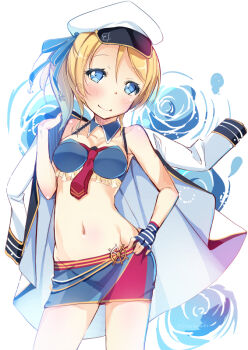 Rule 34 | 1girl, alternate costume, ayase eli, blonde hair, blue eyes, cowboy shot, female focus, fingerless gloves, gloves, hat, jacket, jacket over shoulder, kurozu, looking at viewer, love live!, love live! school idol festival, love live! school idol project, midriff, navel, necktie, short hair, skirt, smile, solo, standing, unworn jacket, white background