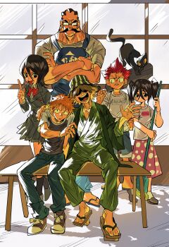 Rule 34 | 2girls, 4boys, absurdres, apron, beard stubble, black cat, black hair, bleach, blue apron, blue pants, blue shorts, bow, bowtie, breasts, broom, brown shoes, cat, collared shirt, commentary request, crossed arms, facial hair, frown, full body, furrowed brow, geta, glasses, green jacket, green pants, green shirt, grey jacket, grey shirt, grey skirt, hair between eyes, hair over eyes, hanakari jinta, highres, holding, holding broom, jacket, kuchiki rukia, kurosaki ichigo, light blush, medium hair, multiple boys, multiple girls, muscular, muscular male, mustache, open mouth, orange hair, pants, pink skirt, pleated skirt, pointing, polka dot, polka dot skirt, red bow, red bowtie, red hair, sandals, school uniform, shirt, shoes, short hair, shorts, sitting, skirt, small breasts, smile, sneakers, spiked hair, standing, striped hat, stubble, suit jacket, sweatdrop, t-shirt, tengu-geta, tsukabishi tessai, tsumugiya ururu, twintails, urahara kisuke, white shirt, xi luo an ya