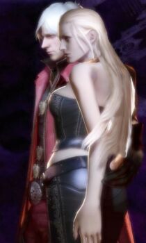 Rule 34 | 1boy, 1girl, ass, blonde hair, breasts, choker, couple, dante (devil may cry), devil may cry, devil may cry (series), devil may cry 4, hetero, hug, leather, trish (devil may cry)