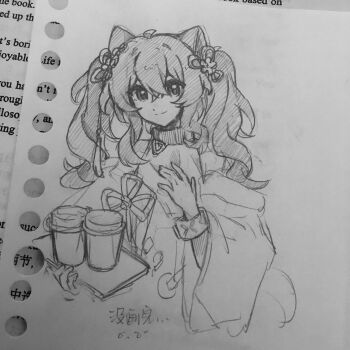 1girl absurdres angelina_(arknights) animal_ears arknights arknights:_endfield bracelet chinese_commentary chinese_knot commentary_request cropped_torso crossed_bangs cup disposable_coffee_cup disposable_cup fox_ears fox_girl gilberta_(arknights) gilberta_(lawson)_(arknights) graphite_(medium) greyscale hair_between_eyes hair_ribbon hand_on_own_chest hatching_(texture) highres holding holding_tray infection_monitor_(arknights) jewelry lawson long_hair long_sidelocks long_sleeves looking_at_viewer mizhou70865 monochrome official_alternate_costume ribbon sidelocks smile solo split_mouth traditional_media tray twintails upper_body