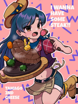 1girl bandana bandana_around_neck belt belt_buckle blue_bandana blue_hair boots broccoli brown_boots brown_eyes brown_hat buckle burger_girl_w_(idolmaster) butter carrot_slice cowboy_hat english_text food fork hat highres holding holding_fork holding_tray idolmaster idolmaster_(classic) idolmaster_stella_stage kisaragi_chihaya leg_up long_hair looking_at_viewer midriff navel official_alternate_costume okazuhamburg open_mouth outline pink_background plaid_clothes plaid_shirt shirt short_sleeves shorts solo standing steak sweatdrop tray white_outline