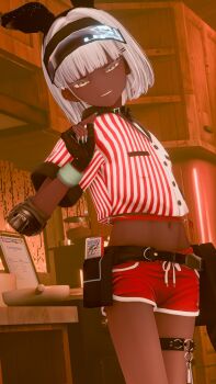1boy 3d absurdres american_diner_bunny_boy_(nefer) animal_ears bob_cut commentary_request crop_top dark-skinned_male dark_skin diner dolphin_shorts fingerless_gloves gloves highres looking_at_viewer navel nefer original rabbit_ears shorts smile solo solo_focus trap waiter white_hair