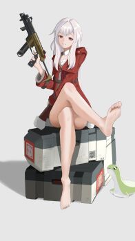 1girl :3 absurdres apex_legends barefoot box chinese_commentary clara_(honkai:_star_rail) crossed_legs crossover death_box_(apex_legends) detached_collar grey_background grey_hair gun hair_intakes highres holding holding_gun holding_weapon honkai:_star_rail honkai_(series) jacket looking_at_viewer nessie_(respawn) on_box r-99_smg red_jacket shadow shirt sitting sitting_on_box soles solo stuffed_toy submachine_gun trigger_discipline weapon white_shirt yi_yanhua_er_qing