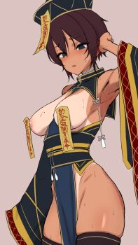 1girl actinium89 areola_slip armor armpits between_breasts black_hat black_thighhighs blue_eyes blush breasts breasts_out brown_hair cowboy_shot detached_sleeves empty_eyes grey_background hat highres jiangshi_costume large_breasts long_sleeves looking_to_the_side mole mole_on_breast no_panties obi ofuda ofuda_on_nipples one-piece_tan open_mouth original pasties qingdai_guanmao sash short_hair simple_background skindentation solo sweat tan tanline tassel thighhighs wide_sleeves