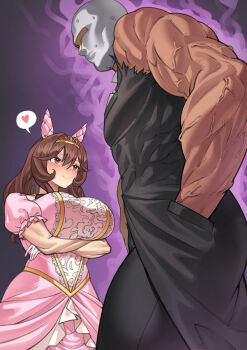 1boy 1girl absurdres alternate_breast_size_(larger) animal_ears arms_under_breasts aura bare_arms bare_shoulders black_coat black_pants blush breasts brown_hair closed_mouth coat commentary_request covered_abs covered_pectorals crossed_arms dark-skinned_male dark_aura dark_skin dress ear_covers frilled_sleeves frills fukuro_(maruaru00) gentildonna_(la_dama_perfetta)_(umamusume) gentildonna_(umamusume) hand_in_pocket heart highres horse_ears huge_breasts long_hair looking_at_another mask muscular muscular_arms muscular_male official_alternate_costume pants pectorals pink_dress pocket red_eyes short_sleeves smile spoken_heart standing sweat t-head_trainer_(umamusume) tiara torn_clothes torn_coat torn_sleeves trainer_(umamusume) umamusume veins veiny_arms