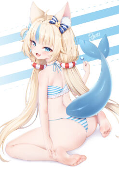 1girl absurdres animal_ears ass barefoot bikini blonde_hair blue_eyes blush candy feet fins fish_tail food highres indie_virtual_youtuber john_zerowb lollipop long_hair looking_at_viewer open_mouth sameko_saba shark_tail sitting soles striped_bikini striped_clothes swimsuit tail toes virtual_youtuber wariza