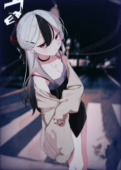 Rule 34 | 1girl, absurdres, arm under breasts, black bow, black choker, black dress, black hair, black horns, black nails, blue archive, blurry, blurry background, blush, bow, breasts, bright pupils, brown cardigan, cardigan, choker, cleavage, closed mouth, collarbone, commentary request, cowboy shot, dark, demon girl, demon horns, dress, ear piercing, gradient hair, grey hair, hair behind ear, hair between eyes, hair bow, hair ornament, hairclip, halo, highres, horns, kayoko (blue archive), kayoko (dress) (blue archive), kisaka, light frown, long hair, looking at viewer, mole, mole on collarbone, multicolored hair, nail polish, night, official alternate costume, official alternate hairstyle, open cardigan, open clothes, outdoors, photo background, piercing, red eyes, short dress, sleeveless, sleeveless dress, sleeves past wrists, slit pupils, small breasts, solo, tsurime, two-tone hair, white halo, white pupils