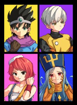 Rule 34 | 2boys, 2girls, absurdres, aqua eyes, armband, black border, black hair, black shirt, blue background, blue hair, blue tabard, blue tunic, blue vest, bob cut, bodysuit, border, breasts, brown eyes, brown gloves, cape, circlet, cleavage, clenched hand, commentary request, crossed arms, dragon quest, dragon quest iii, gem, gloves, green gem, hands on own cheeks, hands on own face, hat, hero (dq3), highres, long hair, looking to the side, merchant (dq3), mitre, multiple boys, multiple girls, orange bodysuit, pink background, pink hair, priest (dq3), purple background, purple cape, red armband, red eyes, roto (dq3), shirt, short hair, signature, silver circlet, smile, spiked hair, strapless, tabard, thief (dq3), tongue, tongue out, tube top, tunic, vest, white hat, white tube top, yellow background, yellow eyes, yellow gloves, yellow vest, yoshiya shiyoko