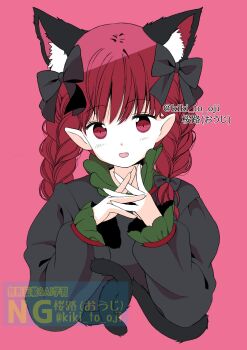 1girl animal_ear_fluff animal_ears black_bow bow braid cat_ears cat_tail commentary extra_ears fang hair_bow highres kaenbyou_rin kiki_to_oji long_hair long_sleeves multiple_tails open_mouth pointy_ears red_background red_eyes red_hair side_braids simple_background solo tail touhou twin_braids twitter_username two_tails upper_body