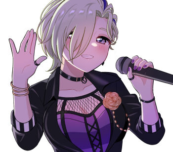 Rule 34 | 1girl, black choker, black jacket, blush, bracelet, breasts, choker, cleavage, commentary request, fingernails, fishnet top, fishnets, grey eyes, hair over one eye, highres, holding, holding microphone, ishimochi (daleka333), jacket, jewelry, looking at viewer, love live!, love live! nijigasaki high school idol club, medium breasts, mia taylor, microphone, multiple bracelets, open clothes, open jacket, purple nails, purple shirt, shirt, short hair, simple background, solo, thumb ring, toy doll (love live!), upper body, white background