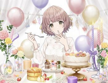 1girl balloon blueberry bow brown_hair cake candle cherry cookie cup fire flower food fork fruit holding idolmaster idolmaster_shiny_colors ikuta_haruki leaf official_art plate solo strawberry table vase yellow_eyes