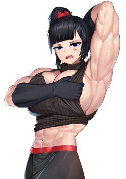 1girl abs absurdres anger_vein annoyed arm_behind_head armpits black_gloves black_hair black_tank_top blue_eyes blunt_bangs breasts commentary commission cowboy_shot english_commentary gloves highres huge_breasts looking_at_viewer midriff muscular muscular_female navel open_mouth original presenting_armpit rev60 short_hair simple_background solo tank_top white_background