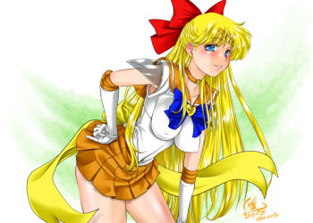 1girl aino_minako bishoujo_senshi_sailor_moon blonde_hair blue_eyes blush bow breasts covered_erect_nipples gab_dango gloves large_breasts long_hair looking_at_viewer magical_girl red_bow sailor_venus super_sailor_venus very_long_hair