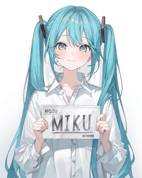 Rule 34 | 1girl, 39, absurdres, blue eyes, blue hair, blush, buttons, character name, closed mouth, collared shirt, commentary, double-parted bangs, hatsune miku, highres, holding, holding sign, karyln, light smile, long hair, long sleeves, looking at viewer, mugshot, shirt, sign, simple background, solo, twintails, upper body, very long hair, vocaloid, white background, white shirt