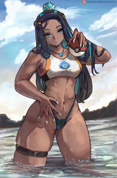 1girl absurdres armlet bare_shoulders bikini black_hair blue_eyes blue_gem blue_hair breasts cloud collarbone commentary crop_top dark-skinned_female dark_skin earrings english_commentary gem hair_bun highres holding holding_poke_ball hoop_earrings jewelry long_hair looking_at_viewer multicolored_hair navel necklace nessa_(pokemon) nintendo outdoors parted_lips poke_ball poke_ball_(basic) pokemon pokemon_swsh single_hair_bun sky solo stomach swimsuit tankini thigh_strap thighs two-tone_hair vicarious water wet
