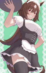 Rule 34 | 1girl, alternate costume, animal ears, apron, artist name, black corset, black thighhighs, brown hair, commentary request, corset, cowboy shot, dress, enmaided, frilled apron, frills, green background, grin, hair between eyes, highres, holding, holding tray, horse ears, horse girl, long hair, maid, maid apron, maid headdress, mukakin, multicolored hair, puffy short sleeves, puffy sleeves, red eyes, short sleeves, simple background, sirius symboli (umamusume), smile, solo, streaked hair, thighhighs, tray, two-tone hair, umamusume, very long hair, white hair