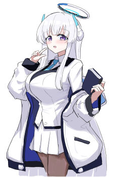 1girl :d blazer blue_archive blue_necktie blush bone_hiko book breasts brown_pantyhose coat collared_shirt commentary_request cowboy_shot halo highres holding holding_book horns jacket lapels long_hair long_sleeves looking_at_viewer mechanical_halo mechanical_horns miniskirt necktie noa_(blue_archive) off_shoulder open_mouth paint_chat_(medium) pantyhose partial_commentary pleated_skirt pointing pointing_at_self purple_eyes shirt simple_background skirt smile solo standing white_background white_coat white_hair white_halo white_horns white_jacket white_shirt white_skirt