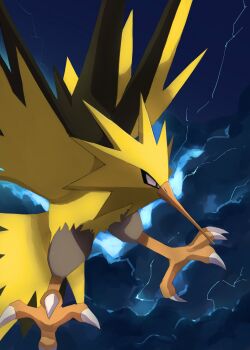 animal_focus beak bird electricity flying gen_1_pokemon highres kou11021301 legendary_pokemon lightning nintendo no_humans outdoors pokemon pokemon_(creature) pokemon_focus primarily sky talons wings zapdos