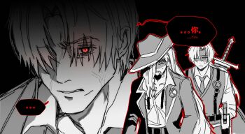 ... 1girl 2boys angry chinese_commentary clenched_teeth coat commentary_request fivveweeks greyscale hair_over_one_eye hat highres lapels limbus_company long_hair looking_at_viewer lucio_(project_moon) monochrome multiple_boys notched_lapels parted_lips project_moon red_eyes simple_background speech_bubble sword sword_on_back teeth valencina_(project_moon) veins vergilius_(project_moon) very_long_hair weapon weapon_on_back