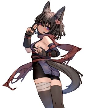 1girl absurdres animal_ear_fluff animal_ears armor bandages bare_shoulders bike_shorts black_hair breasts commission fingerless_gloves flower gloves hair_flower hair_ornament highres illusive_domain japanese_armor japanese_clothes kiriko_(illusive_domain) kochiya_(gothope) kote pink_flower purple_eyes scarf short_hair sideboob sideless_outfit skeb_commission small_breasts solo tail thighhighs transparent_background wolf_ears wolf_girl wolf_tail