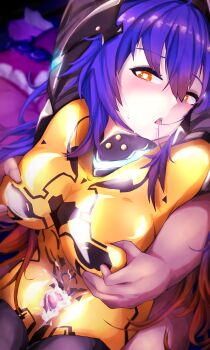 1boy 1girl absurdres arms_up black_trim blue_hair blush bodysuit breasts bright_pupils commentary cum cum_on_body cum_on_legs deltapluto grabbing_another&#039;s_breast gradient_hair groping hair_between_eyes hair_in_own_mouth headgear heart heart-shaped_pupils hetero highres impossible_bodysuit impossible_clothes large_breasts long_hair multicolored_hair open_mouth orange_eyes orange_hair penis phantasy_star phantasy_star_online_2 quna_(pso2) shiny_clothes sidelocks sitting sitting_on_person sweat symbol-shaped_pupils thigh_sex tongue twintails two-tone_hair white_pupils yellow_bodysuit zelsius