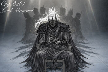 6+boys armor black_robe black_tunic chair crybab1 elbow_rest empty_eyes facing_viewer feet_out_of_frame full_body high_ponytail horns long_hair mask mongrel_(shadow_slave) multiple_boys multiple_persona official_alternate_costume oni_mask own_hands_together ponytail robe shadow shadow_slave shoulder_armor sitting standing sunny_(shadow_slave) torn_clothes tunic white_eyes white_hair