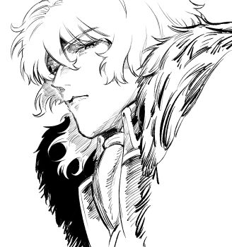 1boy cropped_head from_side fur_trim greyscale hair_between_eyes hatching_(texture) light_frown looking_at_viewer male_focus metarogu monochrome necktie short_hair solo tsukihime tsukihime_(remake) vlov_arkhangel