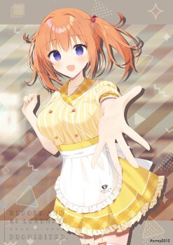 1girl :d aiyan apron blue_eyes blush breasts cafe_stella_to_shinigami_no_chou commentary_request cowboy_shot drop_shadow frilled_apron frilled_skirt frills garter_straps hair_between_eyes hair_intakes hand_up happy highres large_breasts looking_at_viewer medium_hair open_mouth orange_hair outstretched_hand plaid_clothes plaid_collar plaid_skirt reaching reaching_towards_viewer shirt short_sleeves simple_background skirt smile solo sparkle striped_clothes striped_shirt sumizome_nozomi twintails twitter_username vertical-striped_clothes vertical-striped_shirt waist_apron waitress watermark white_apron yellow_shirt yellow_skirt