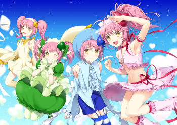 Rule 34 | 4girls, amulet clover, amulet dia, amulet heart, amulet spade, blue background, female focus, gradient background, hinamori amu, multiple girls, multiple persona, pink hair, ponytail, shugo chara!, striped clothes, striped thighhighs, thighhighs, unya, yellow eyes