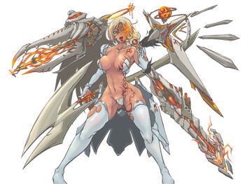 1girl angel angel_wings angry arm_at_side arm_up black_wings blonde_hair boots claw_pose covered_pussy dark_skin detached_sleeves facial_mark feathered_wings fire_halo flaming_eyes floating floating_object floating_weapon forehead_tattoo full-body_tattoo game_cg gem gloves gradient_halo halo holding holding_weapon huge_weapon large_variant_set legs_apart mon-musu_quest! mon-musu_quest:_paradox multicolored_halo navel open_mouth orange_halo outstretched_arm partially_shaded_face red_eyes red_gemstone short_hair shoulder_cannon standing tattoo thick_thighs thigh_boots thighhighs thighs torn_clothes torn_thighhighs uriela_(mon-musu_quest!) variant_set weapon white_gloves white_sleeves white_thighhighs wings xelvy yellow_halo yellow_wings