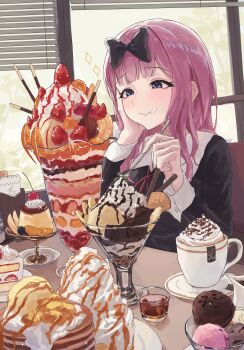 Rule 34 | 1girl, absurdres, black bow, blue eyes, bow, coffee mug, commentary request, cup, eating, food, food on face, fruit, fujiwara chika, hair bow, hand on own face, highres, holding, holding spoon, ice cream, kaguya-sama wa kokurasetai ~tensai-tachi no renai zunousen~, long hair, mug, muginosa, neck ribbon, pancake, pancake stack, parfait, pink hair, pudding, red ribbon, ribbon, solo, spoon, strawberry, sweets
