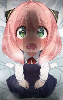 1boy 1girl absurdres anya_(spy_x_family) dress green_eyes heart heart-shaped_pupils highres imminent_fellatio large_penis large_variant_set loli mizumizuni on_bed open_mouth penis penis_awe penis_shadow pink_hair saliva saliva_trail sitting spy_x_family symbol-shaped_pupils variant_set