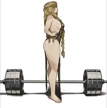 1girl \||/ abs animated barbell barefoot belt black_dress blonde_hair braid breasts circlet dress elden_ring exercising gold_belt gold_circlet gold_diadem hand_in_own_hair jewelry large_breasts long_hair meme metal_pipe_falling_(meme) miao_jiangyou necklace pelvic_curtain plunging_neckline queen_marika_the_eternal side_braid sideboob solo sound squatting standing tagme video weightlifting