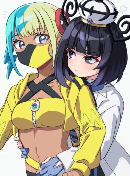 1girl 2girls aqua_hair bandeau belt black_dress black_hair black_mask blonde_hair blue_eyes blue_gloves blunt_bangs blush bob_cut breasts canari_(pokemon) closed_mouth coat collarbone commentary_request criss-cross_straps dark-skinned_female dark_skin dress gloves gradient_hair gwynn_(pokemon) hat highres jacket long_sleeves looking_at_another mask medium_breasts mega_stone mouth_mask multicolored_hair multiple_girls navel nintendo o-ring o-ring_belt open_clothes open_coat partially_fingerless_gloves pokemon pokemon_legends:_z-a purple_eyes purple_hair shinae short_hair short_twintails simple_background split-color_hair sports_bra twintails two-tone_hair two-tone_mask white_background white_coat yellow_bandeau yellow_jacket yellow_mask yellow_sports_bra yuri