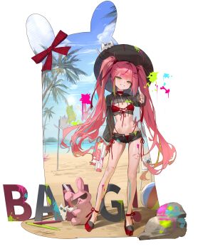 1girl absurdres ankle_ribbon aqua_streaks arm_at_side ball bandaid bandaid_on_chest bandaid_on_leg bandaid_on_stomach beach beachball bikini bikini_bottom_under_shorts bikini_under_clothes black_hat black_shorts black_shrug blue_sky border commentary_request creature day english_text finger_gun flat_chest full_body green_eyes green_streaks grin hair_ornament hair_ribbon hairclip hanako_nana hand_up hat highres holding holding_water_gun hooded_shrug korean_commentary leg_ribbon lizchief long_hair long_sleeves looking_at_viewer micro_shorts multicolored_hair multicolored_shoes navel open_clothes open_fly open_shorts outdoors outside_border paint_on_body paint_splatter palm_tree peto_(hanako_nana) pink_hair pink_streaks red_bikini red_ribbon ribbon see-through_clothes see-through_shrug shorts shrug_(clothing) sky smile standing stellive stomach streaked_hair sun_hat swimsuit tree twintails very_long_hair virtual_youtuber volleyball_net water_gun white_border x_hair_ornament