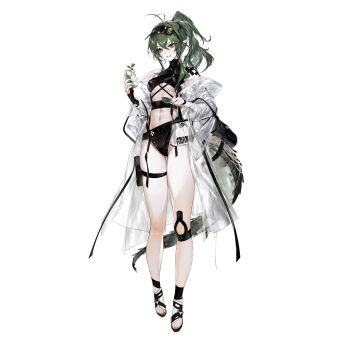 Rule 34 | 1girl, abs, ankle strap, antenna hair, arknights, bikini, black bikini, breasts, cup, drinking glass, full body, gavial (arknights), gavial (summer) (arknights), green hair, grin, hair between eyes, highleg, highleg bikini, holding, jacket, llc, long hair, long legs, long sleeves, looking at viewer, medium breasts, navel, off shoulder, official alternate costume, official art, open clothes, open jacket, orange eyes, parted lips, pointy ears, ponytail, sandals, see-through clothes, sidelocks, smile, solo, standing, swimsuit, tachi-e, tail, thigh strap, thighs, third-party source, transparent background, tsurime, underboob, visor cap, white jacket