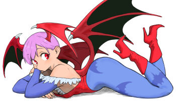 1girl ass bare_shoulders blue_pantyhose boots capcom darkstalkers demon_wings detached_sleeves full_body head_wings high_heel_boots high_heels highres lilith_(darkstalkers) pantyhose purple_hair red_boots red_heels short_hair solo toshinoshin wings