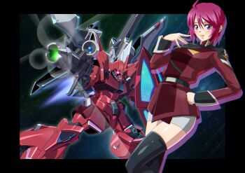 1girl ahoge beam_rifle black_thighhighs blush breasts closed_mouth commentary_request compass_uniform energy_gun gelgoog_menace glowing gun gundam gundam_seed gundam_seed_freedom highres holding holding_gun holding_weapon ibuki_sakura_(sgw_v07) long_sleeves looking_at_viewer lunamaria_hawke mecha mechanical_wings military military_uniform mobile_suit one-eyed purple_eyes purple_hair robot science_fiction shield short_hair skirt smile thighhighs weapon wings