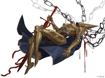 1girl armor artist_name blasphemous_2 blood blood_drip blue_cape boobplate breastplate breasts cape chain chainmail couter crisanta_of_the_wrapped_agony cuisses gauntlets gloves gold_armor greatsword greaves helmet holding holding_sword holding_weapon mask non-web_source pauldrons pointy_hat poleyn rondel sabaton shoulder_armor simple_background solo sword weapon white_background zephyrq