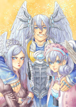 1boy 2girls arm_around_shoulder breasts brother_and_sister crossed_arms family_portrait grin hair_between_eyes hat head_wings highres jewelry kallian_antiqua lips looking_at_viewer medium_breasts melia_antiqua multiple_girls ring scowl siblings silver_hair sisters smile tyrea_(xenoblade) upper_body vvbert wings xenoblade_chronicles_(series) xenoblade_chronicles_1 yellow_background