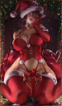 1girl animal_ears bell box bra breasts brown_hair candy candy_cane christmas commentary corset cow_ears cow_girl cow_horns english_commentary food fur-trimmed_gloves fur-trimmed_headwear fur-trimmed_legwear fur_trim gift gift_box gloves hair_over_one_eye hat heart heart-shaped_pupils highleg highleg_panties highres horns large_breasts long_hair looking_at_viewer mole mole_on_breast mole_on_leg mole_on_shoulder mui_(olchas) multiple_moles neck_bell olchas original panties patreon_username red_bra red_corset red_eyes red_gloves red_panties red_thighhighs santa_hat sitting solo symbol-shaped_pupils thighhighs underwear wariza