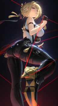 1girl absurdres arm_strap ass back_cutout bare_shoulders black_background black_pants blonde_hair braid braided_bun breasts chest_harness cleavage clenched_hand closed_mouth clothing_cutout collared_shirt commentary evelyn_chevalier from_below from_side gloves hair_bun half_gloves harness high-waist_pants high_heels highres index_finger_raised kkuni large_breasts long_ribbon looking_to_the_side mole mole_under_eye necktie pants partially_fingerless_gloves purple_eyes ring_hair_ornament see-through_cleavage see-through_clothes shirt single_half_glove sleeveless sleeveless_shirt solo string thigh_strap tight_clothes tight_pants uneven_bangs white_shirt yellow_necktie zenless_zone_zero