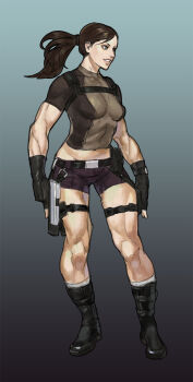 1girl artist_request boots brown_hair female_focus gun handgun highres lara_croft muscular pistol ponytail solo tomb_raider weapon